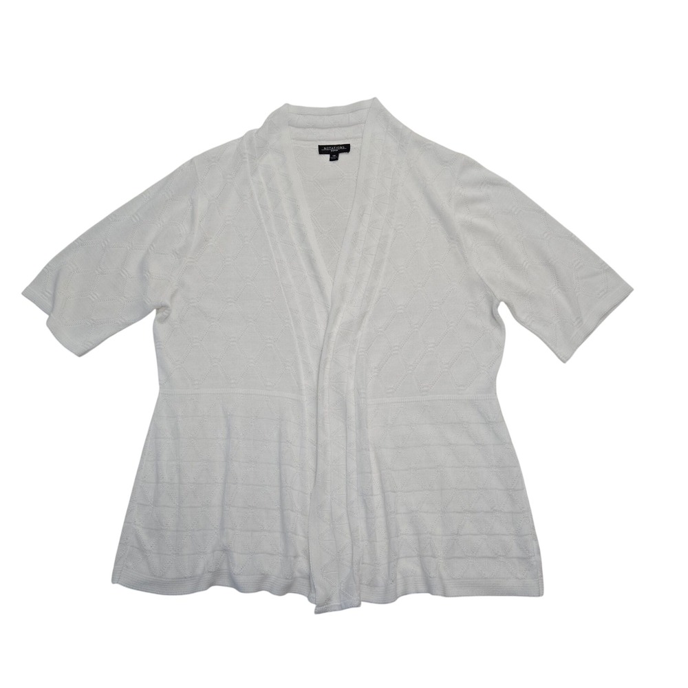 Notations Woman White Short Sleeve Open Front Cardigan Pointelle Knit 1X USA